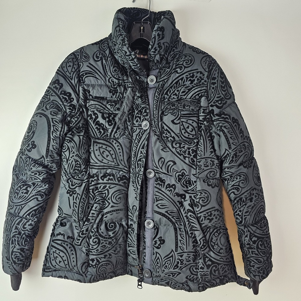 Desigual Medianoche Flocked Velvet Womens Black Puffer Jacket Size 40 Zip Button